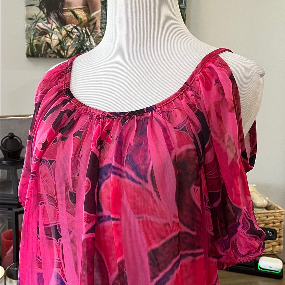 VTG BODY CENTRAL COLD SHOULDER SHORT SLEEVE ABSTRACT PRINT BLOUSE PINK PURP SZ M - Picture 4 of 16